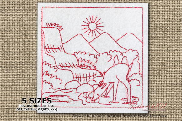 Deer Drinking Water: A Charming Redwork Design
